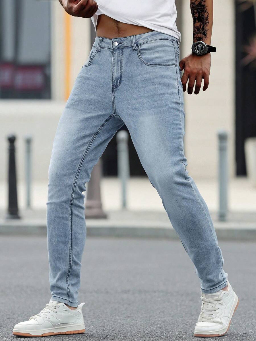 Manfinity Homme Blugi skinny pentru bărbați, stil casual, de stradă, cu buzunar și nasturi, stil zilnic, stil skinny