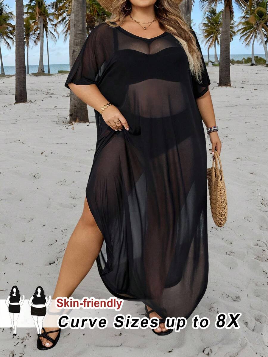 SHEIN CURVE+ Vestito estivo da donna con taglio a vista, manica corta, girocollo, in tessuto traslucido e colorazione tinta unita, con orlo fendente, adatto per l'estate, vacanze in campagna, spiaggia