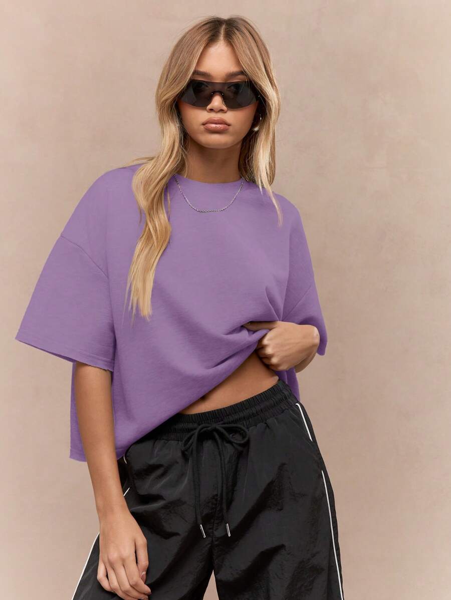 MISSGUIDED Camiseta corta de manga corta de corte cuadrado con borde sin acabar, de estilo informal, para fines de semana y festivales, de tela de bucle ancha