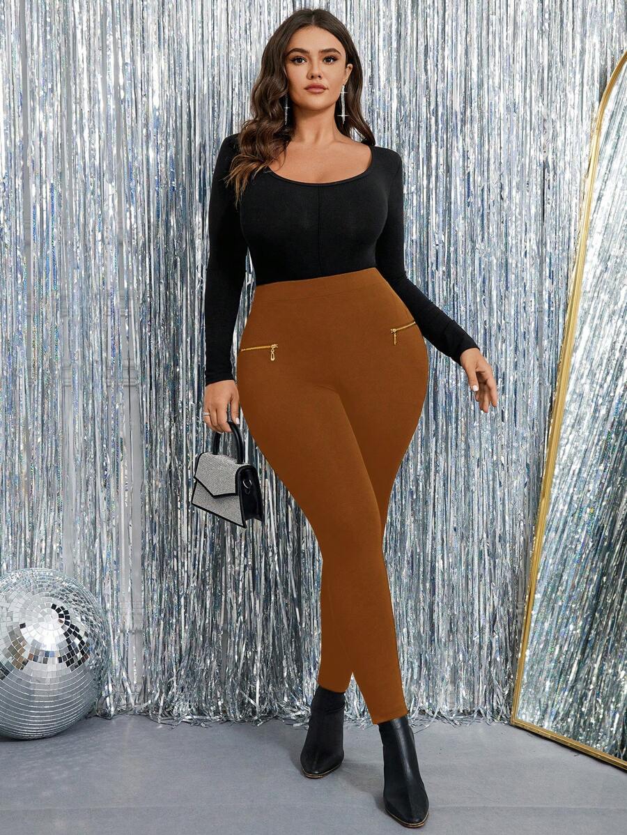 SHEIN Clasi Leggings elásticos de unicolor con cremallera decorativa talla grande para mujer