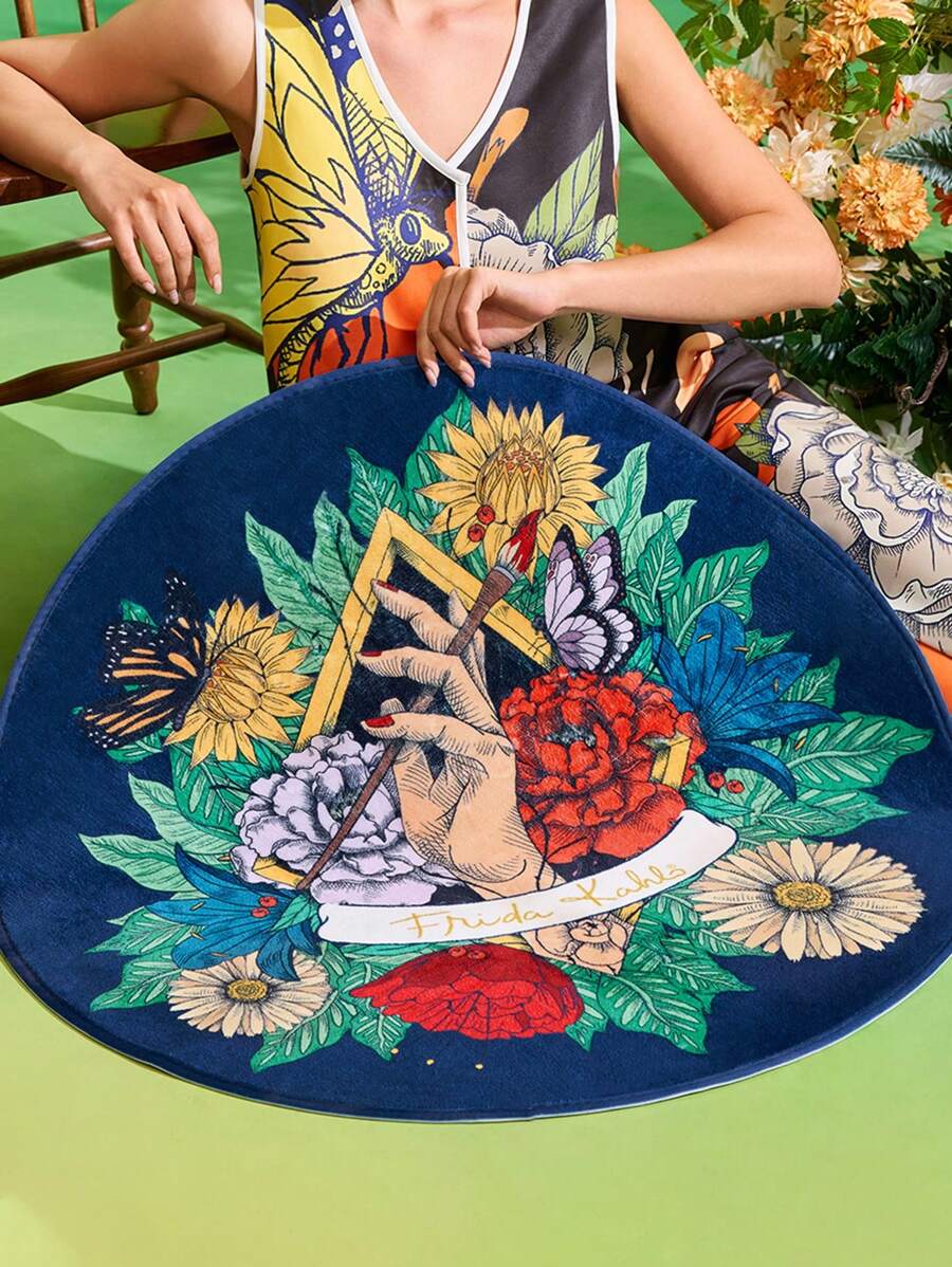 Frida Kahlo X SHEIN 1 pieza Alfombra redonda con estampado floral, con respaldo antideslizante, cómoda y fácil de limpiar, decoración para el dormitorio y la sala de estar, 60/80/100/120cm