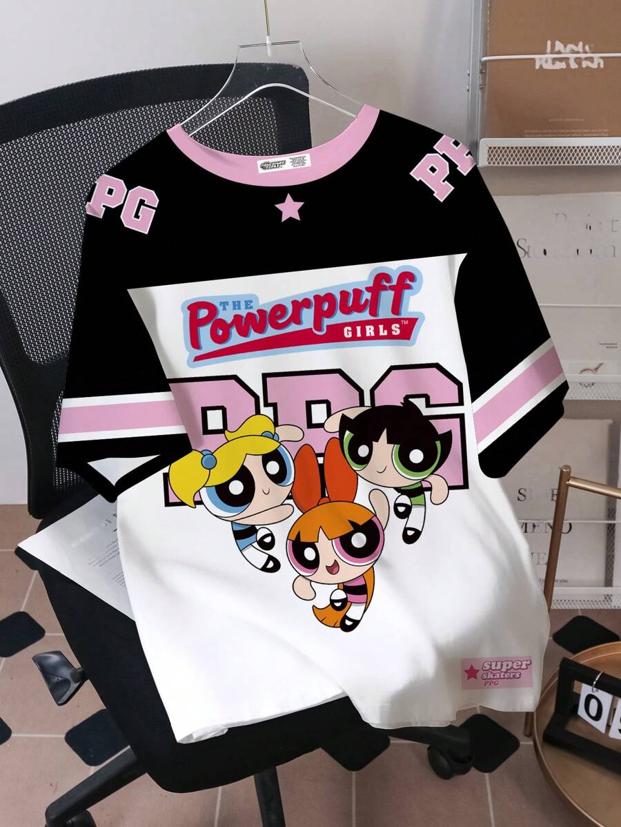 THE POWERPUFF GIRLS X SHEIN Oversized Short Sleeve Comfortable, Casual Cartoon Sports Street English Letter Striped Blossom, Bubbles, Buttercup Pattern Men''s T-Shirt