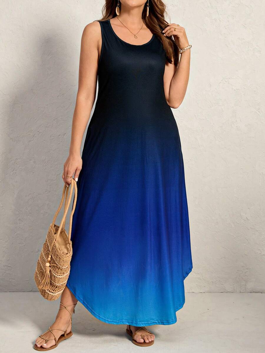 Comfylo Vestido de tirantes casual de mujer talla grande con cuello redondo y degradado de color, vestido de invitada de boda, vestido de playa de verano, conjunto de primavera para mujer, vestido de verano, atuendo de vacaciones, vestido casual de mujer