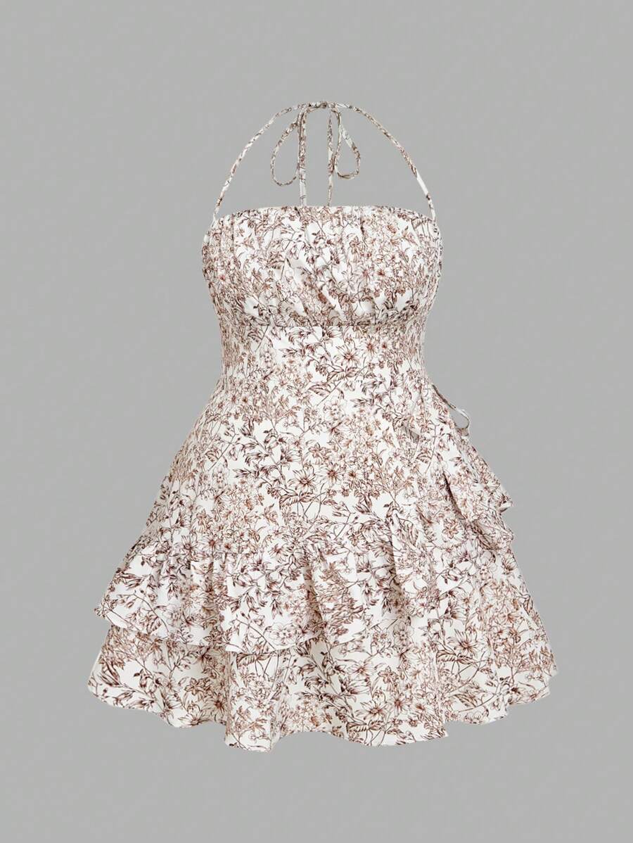 SHEIN MOD Vestido corto con cuello de halter, volantes y estampado floral para mujer de tallas grandes