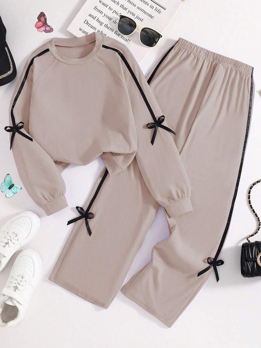 Conjunto de 2 peças plus size para meninas, casual, resort, confortável, simples, elegante, com laço fofo e fita de cor contrastante