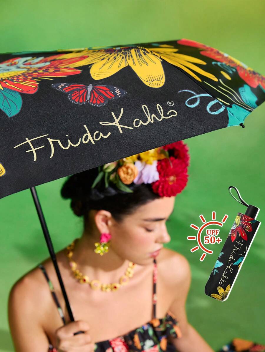 Frida Kahlo X SHEIN 1 pieza Paraguas con estampado floral de artista, con recubrimiento adhesivo negro antisolarde talla grande de 50 de protección UV, apto para la escuela, el trabajo, salir y uso diario, diseñado para estudiantes universitarios, estudiantes de secundaria y mujeres, floral, artístico, elegante