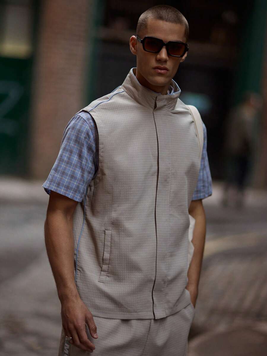 Musero Chaqueta de hombre sin mangas con cremallera estilo cinta con eslogan, detalles ocultos de cremallera, para verano y primavera, ideal para vacaciones