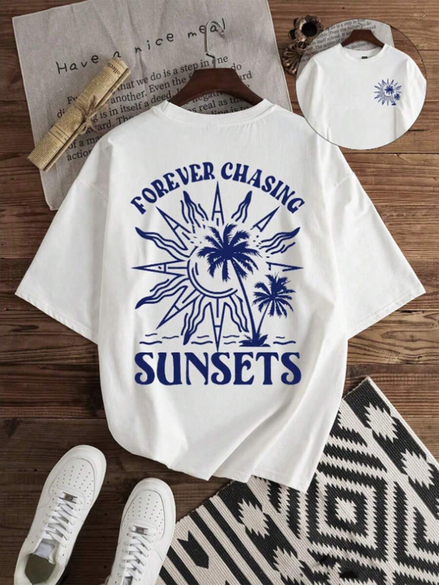 Holiday, Vacation, Teen Boy Casual Graphic Short Sleeve T-Shirt, Suitable For Summer, Back Of Clothes
