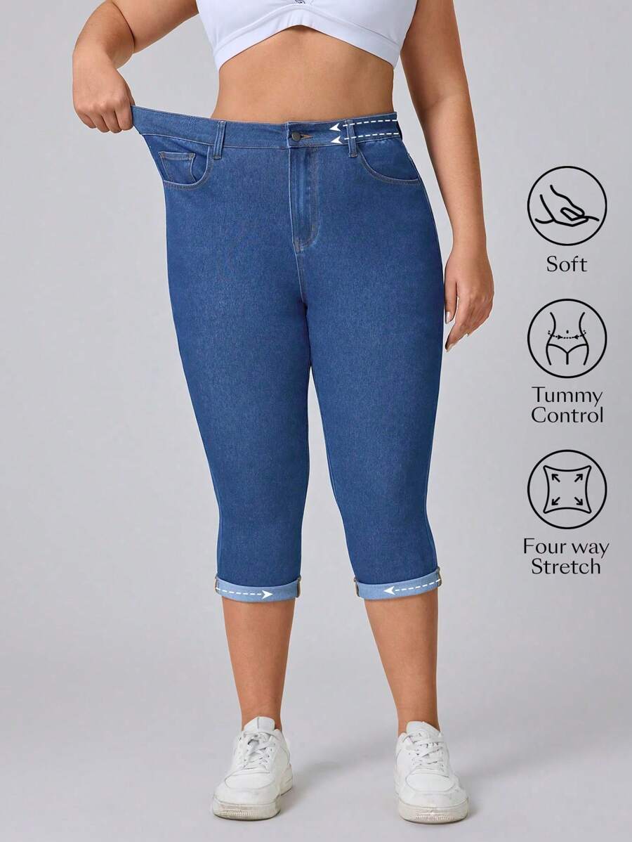 Flexra Plus Size Women Stretchable Blue Denim 7/8 Length Casual Pants Summer Outfits For Women Festival Outfits Women Clothing Casual Capri Jeans