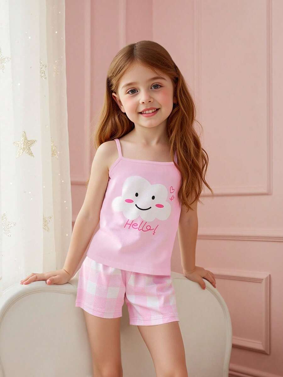 2pcs Young Girl Casual Cloud Print Camisole Top And Shorts Set, Pink Comfortable And Fashionable Homewear