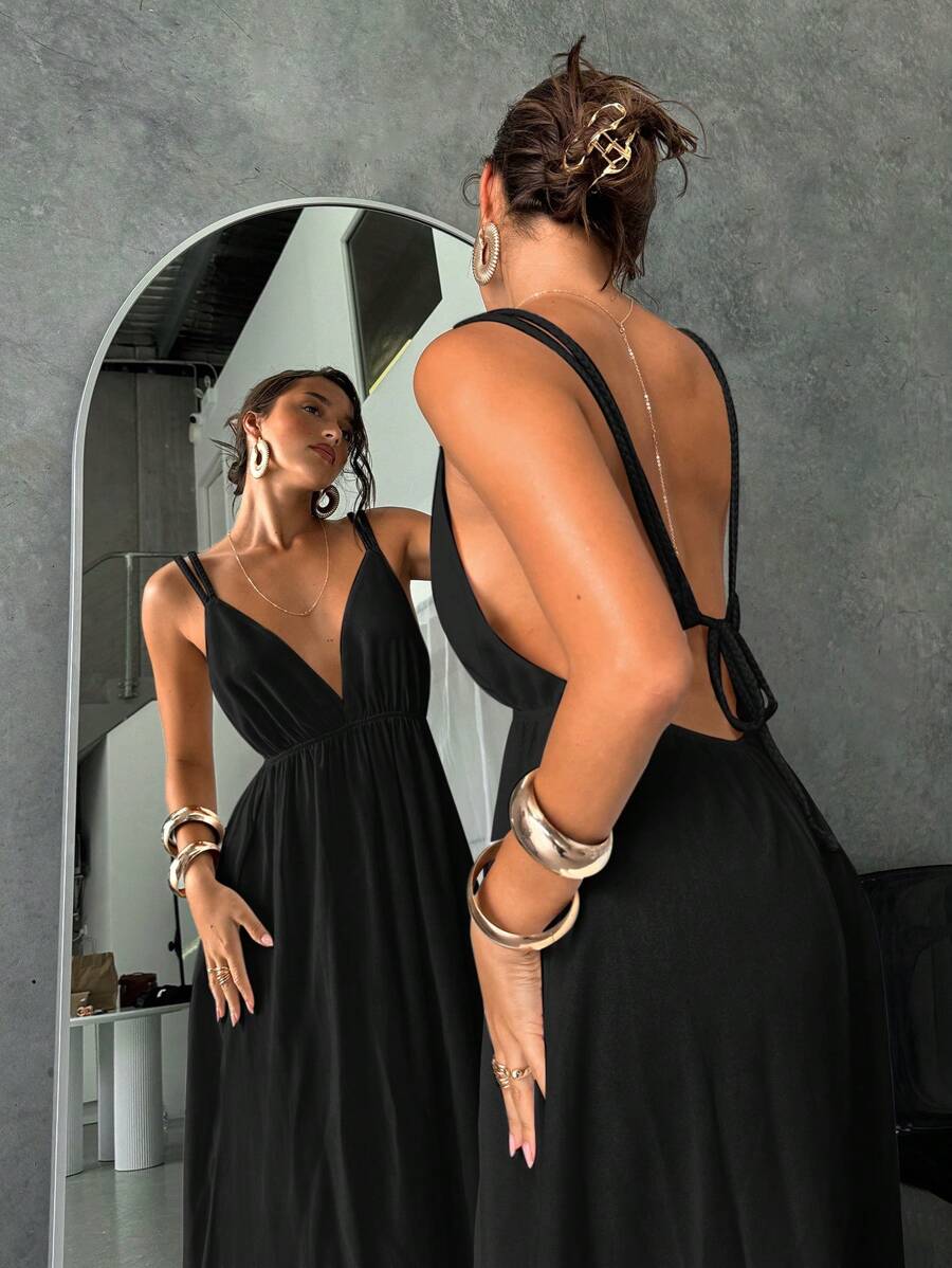Aloruh Vestido de tirantes finos con espalda descubierta en unicolor para vacaciones