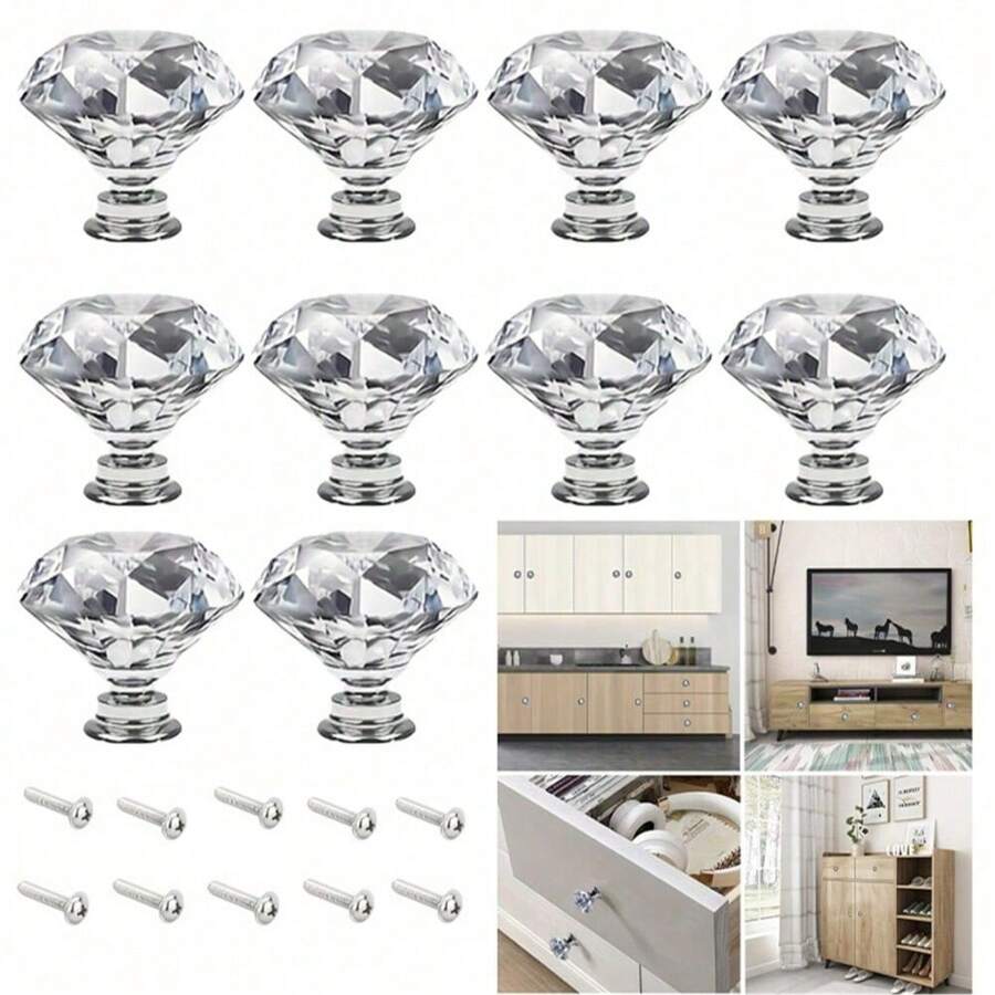 SHEIN 12 pezzi di maniglie in cristallo di vetro per armadi, ante di mobili, cassetti, pensili di cucina, accessori per mobili, foro singolo da 30 mm, piccola maniglia in lega di zinco