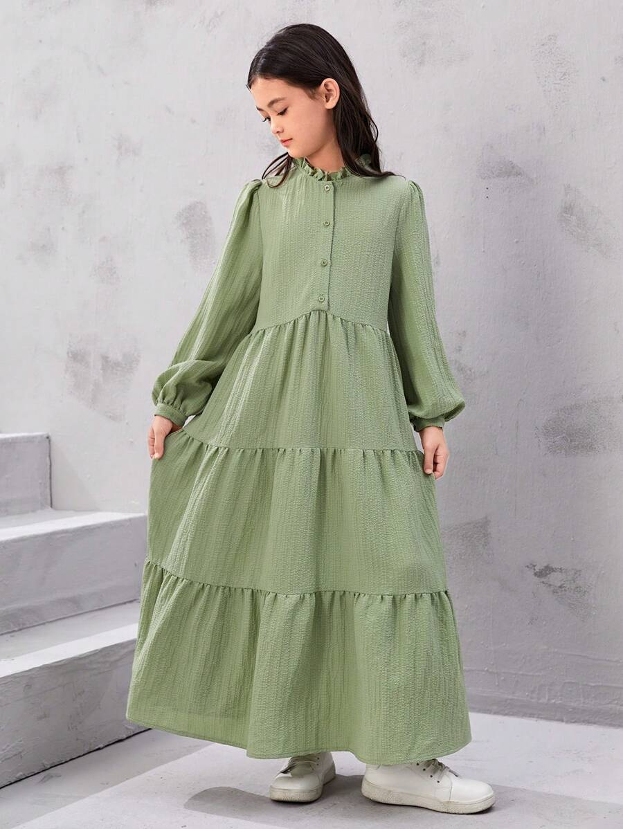 SHEIN Tween Girl Lotus Leaf Collar Texture A-Line Long Dress With Long Sleeves