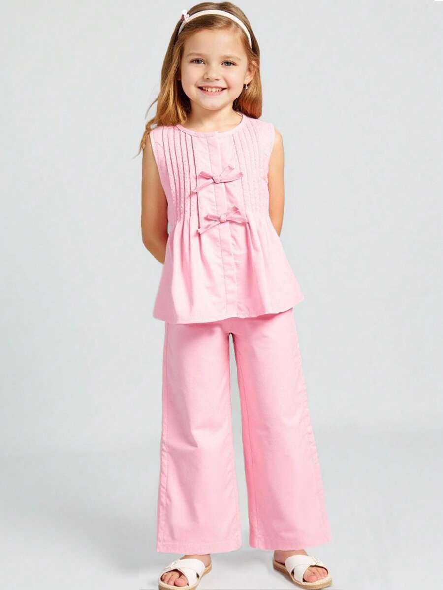 SHEIN Playful Pals Conjunto de 2 piezas de top sin mangas con pliegues y detalle de lazo, y pantalones de pierna ancha, en color liso, de estilo casual y moderno, adecuado para salidas de primavera/verano, vacaciones y uso diario.
