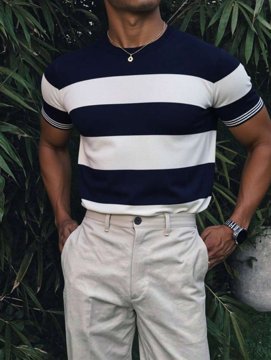 Manfinity CityGents Suéter de cuello redondo de manga corta casual de punto a rayas para hombre