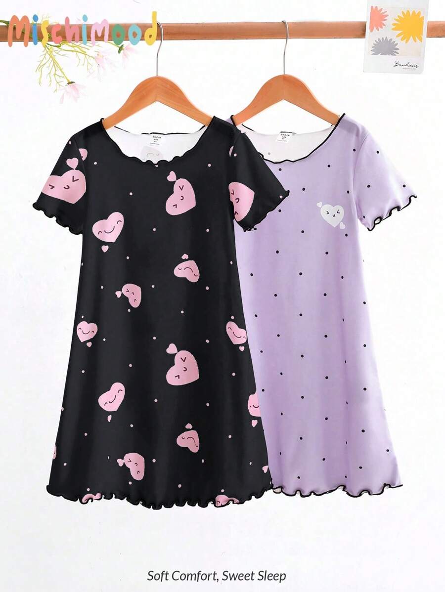 Set de 2 piezas de pijamas con Camisón largo de manga corta y cuello redondo, con diseño cómodo de lunares y corazones, para niñas jóvenes