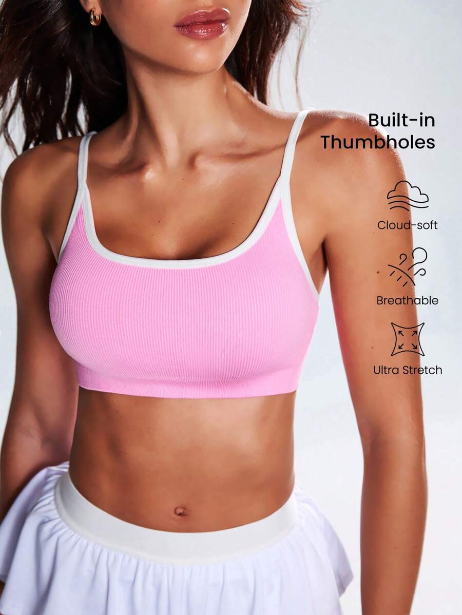 Easify SHEIN Sport Farbblock nahtloser dehnbarer Sport-BH mit Spaghettiträgern, Sommer Damen Sport-BHs Workout Top Frauen Damen Sport-BH Damen Bekleidung Athletic Workout Kleidung Frauen
