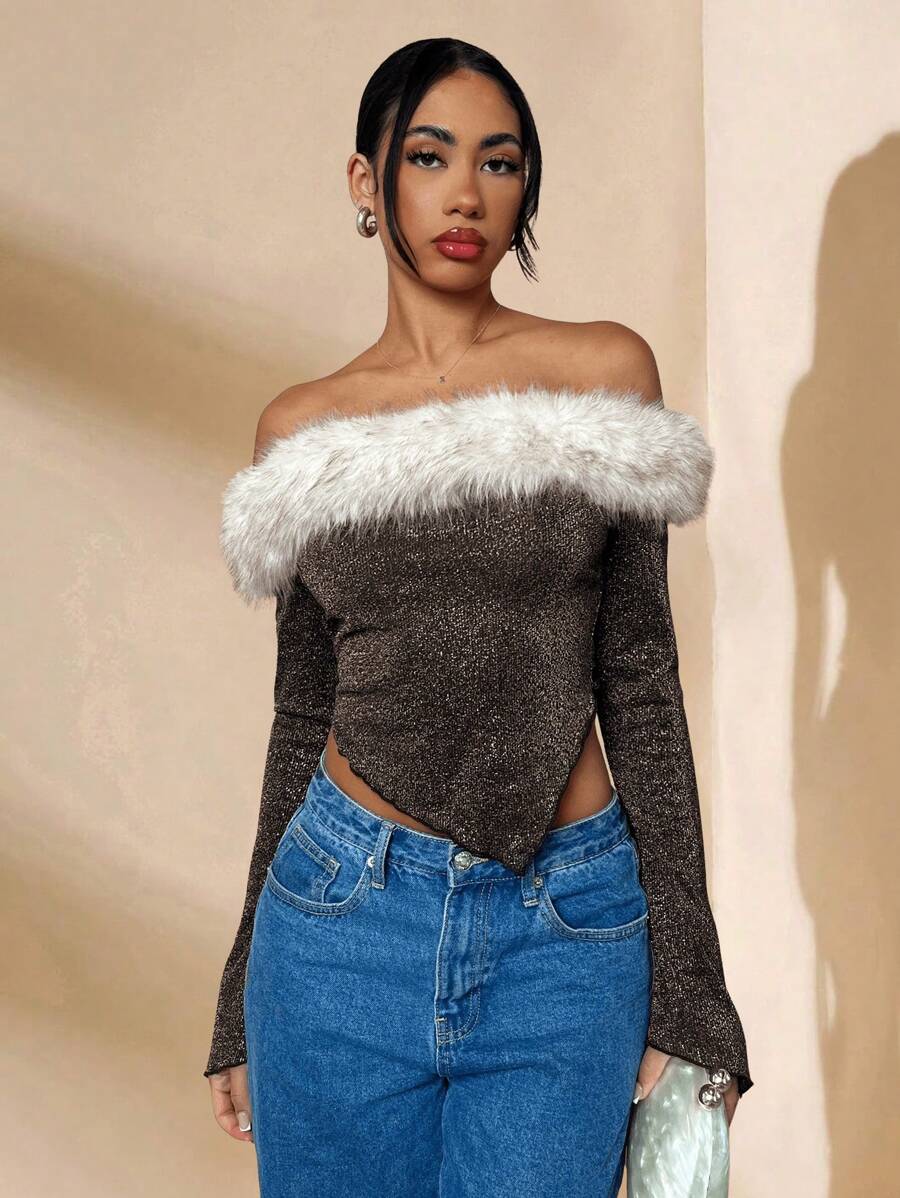 Glamine Ensemble de vêtements vintage pour le Nouvel An Élégant manteau de fourrure et garniture métallique Manches évasées Ourlet asymétrique Col tee-shirt à manches longues pour femme pour les fêtes d'hiver, Tenue de luxe pour soirée, Top pailleté automne/hiver pour les tenues de fête de Noël