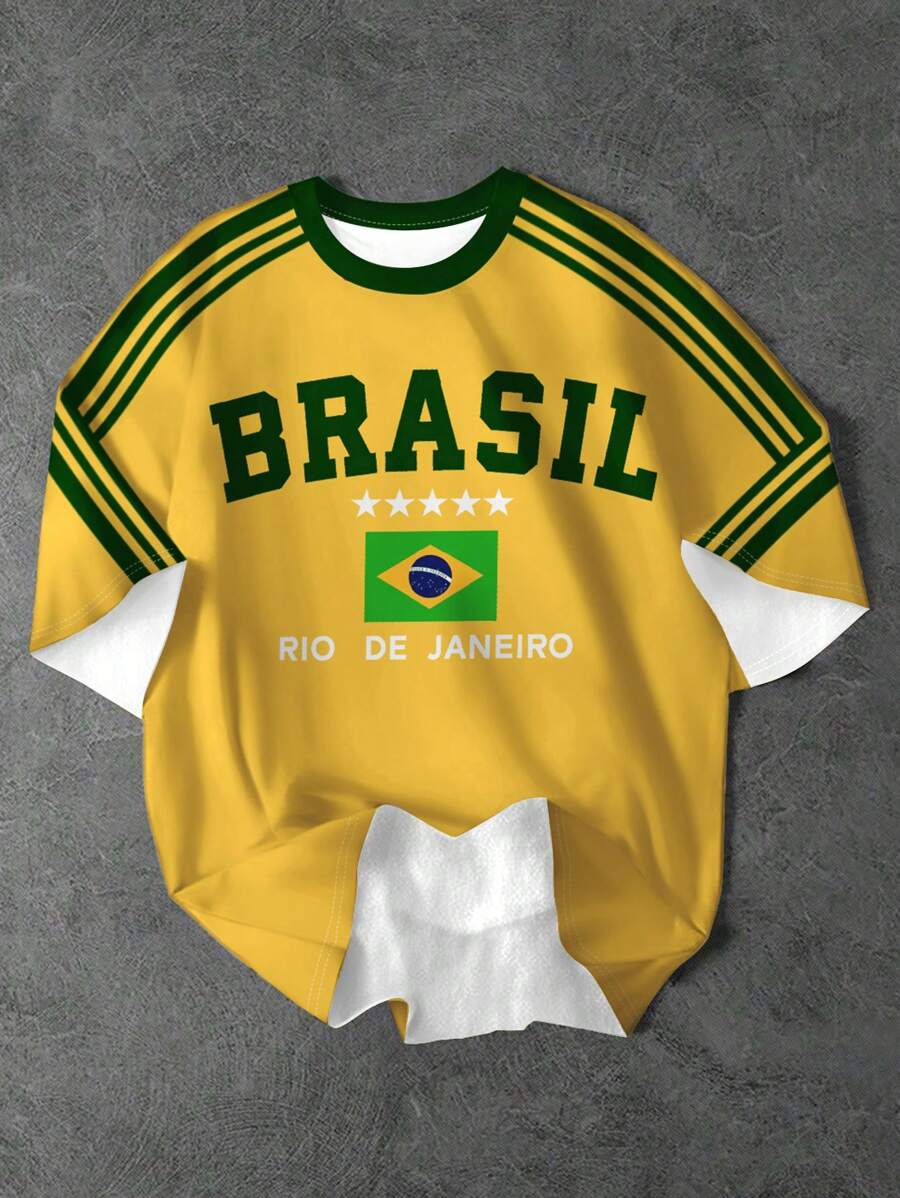 SHEIN Teen Girls' Casual Fashion Classic Chic Brazil Flag Pattern Knit Oversized T-Shirt, Suitable For Summer