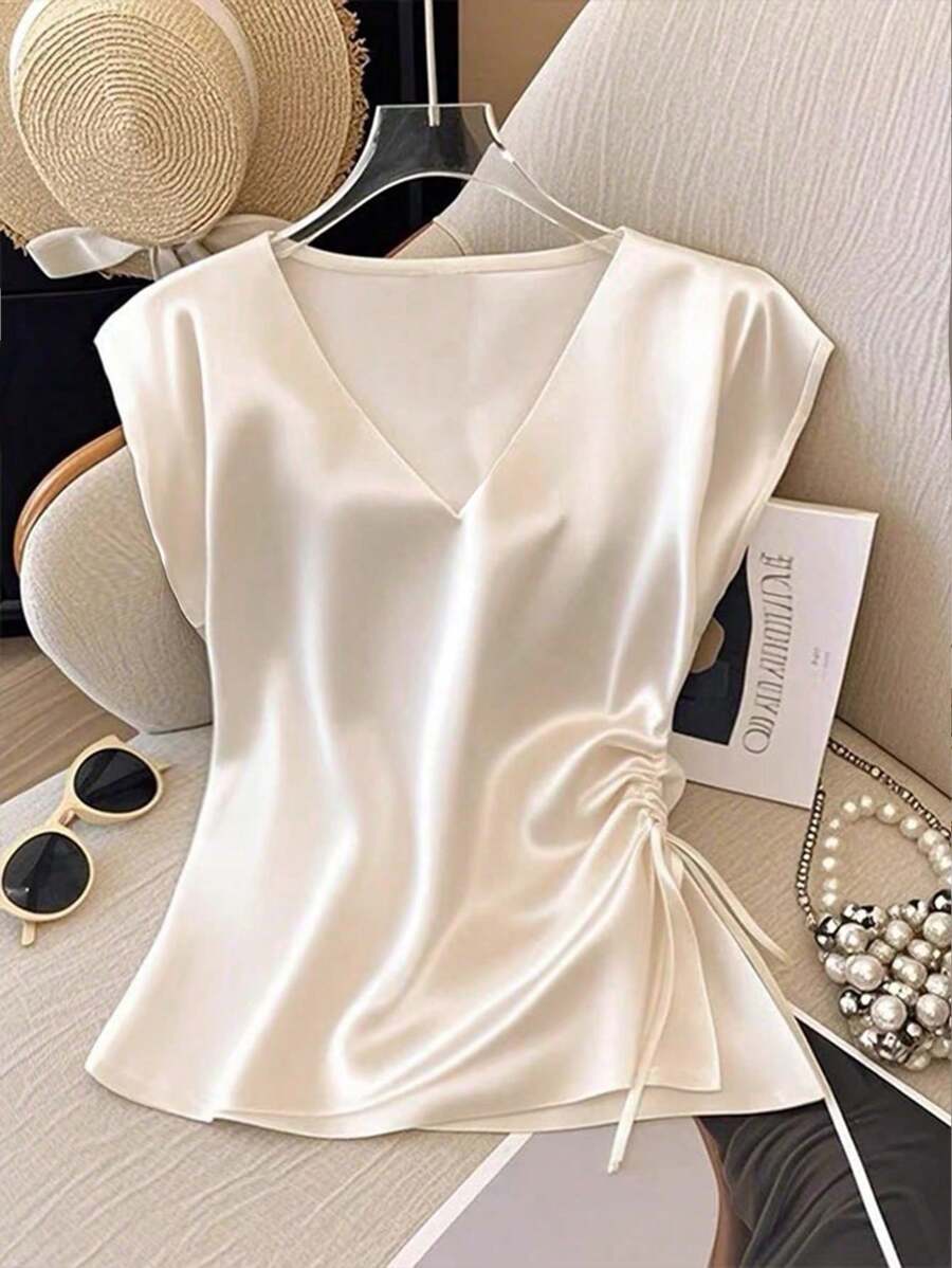 GlowEve Women's Plain Satin V-Neck Pleated Summer Elegant Blouse