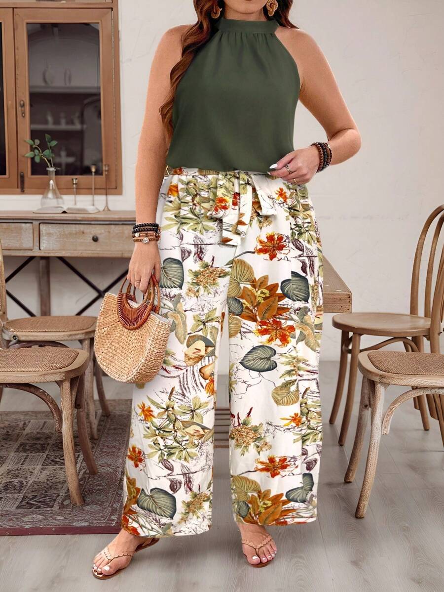 Breezaya Plus Size Solid Color Sleeveless Top & Long Pants 2 Pieces Set, Fashionable For Summer