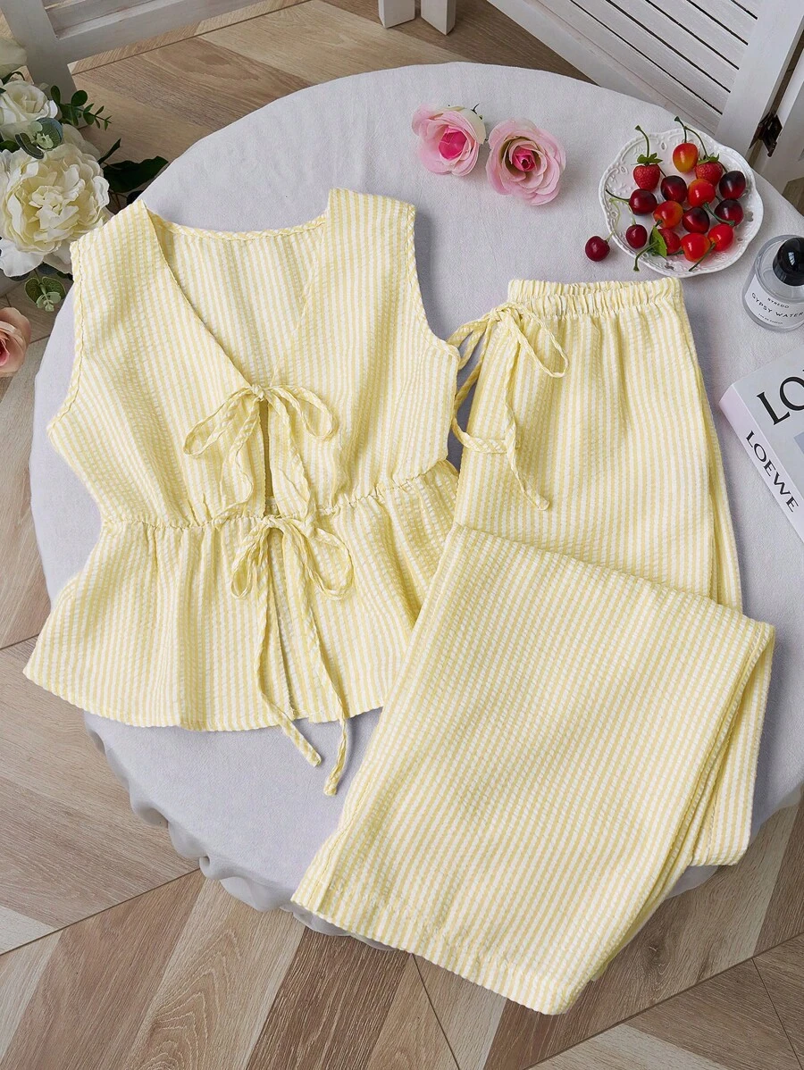 Sweetra Nuevo conjunto de dos piezas de pantalón recto minimalista con cordones y rayas rosas, al estilo europeo y estadounidense para el verano, para mujeres