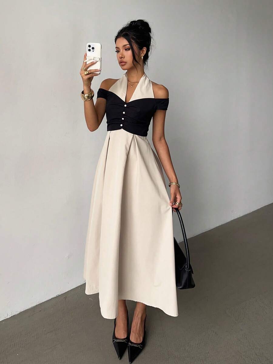 Siren Gaze Women's Contrast Color Splice Halter Neck A-Line Dress Midi Dress Off The Shoulder Dress Halter Dress Casual Dress French Dress Office Outfits For Women Teacher Outfits For Women