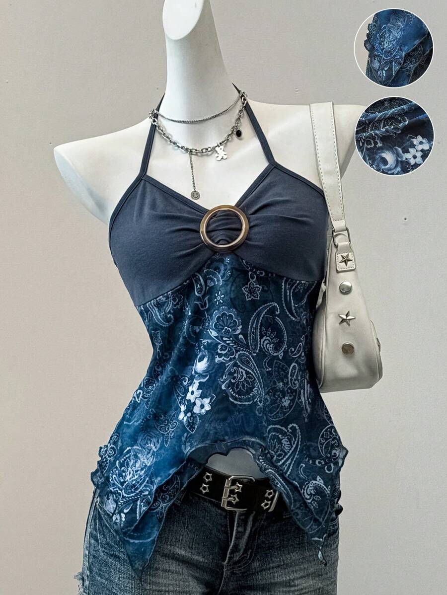 SHEIN EZwear Top sin espalda con cuello de halter y estampado retro de malla, para concierto de verano en el campo