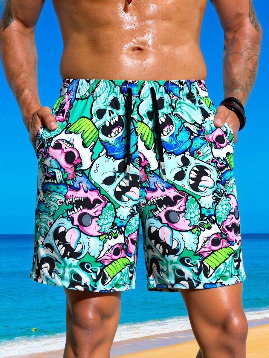 Manfinity Swimmode Men's Cartoon Skull Print Drawstring Waist Loose Casual Beach Shorts Men Matching Swim Trunks Men Swim Trunks Matching Men Swim Trunks Bathing Suit Beachwear Men Swim Trunks Matching,Outdoor Beach Shorts,Quick Dry, Hawaiian BeachModeOn Beach Wear Men Beach Shorts Men Vacation Men Beach Shorts Mens Beachwear