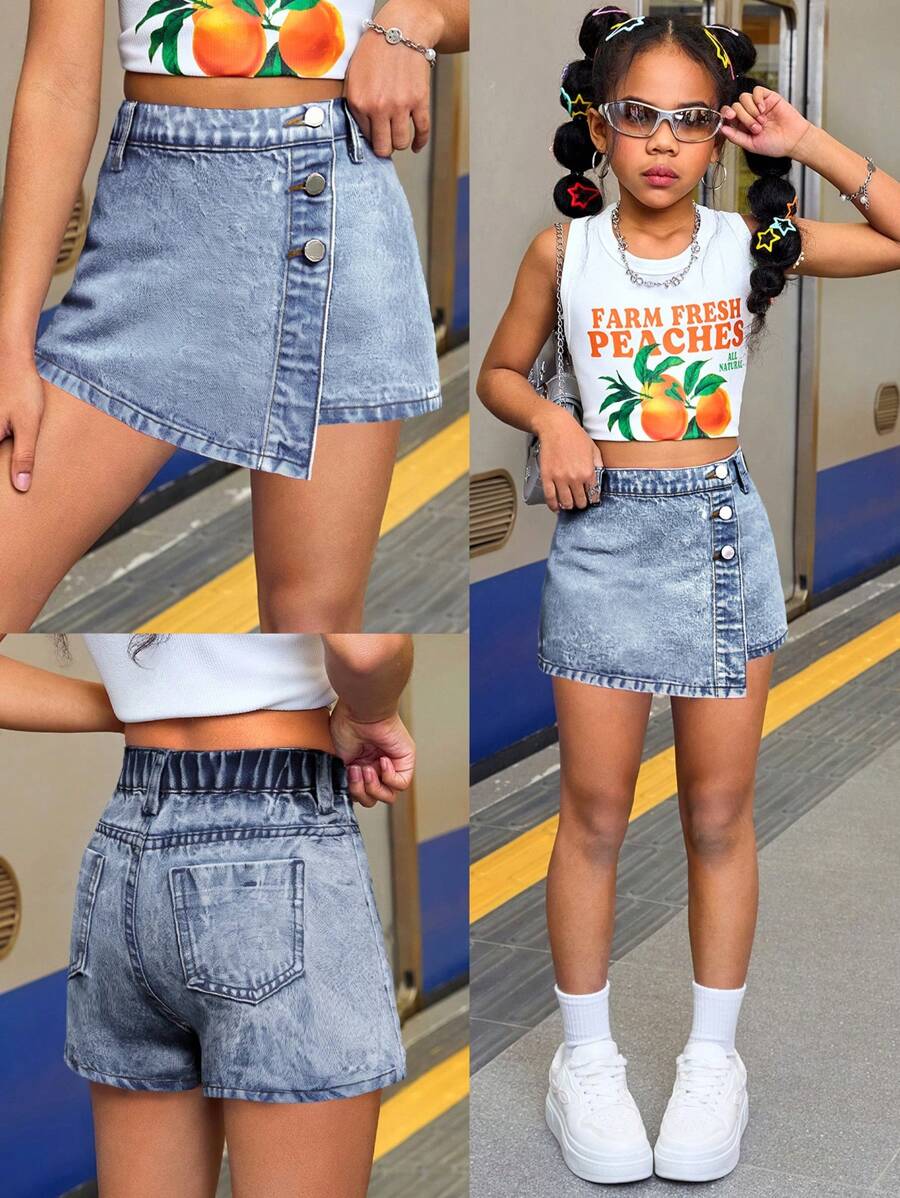 SHEIN Gonna pantalone asimmetrica in denim con bottoni, stile boho casual Y2K, per ragazze, abbigliamento estivo, vacanze e uso quotidiano
