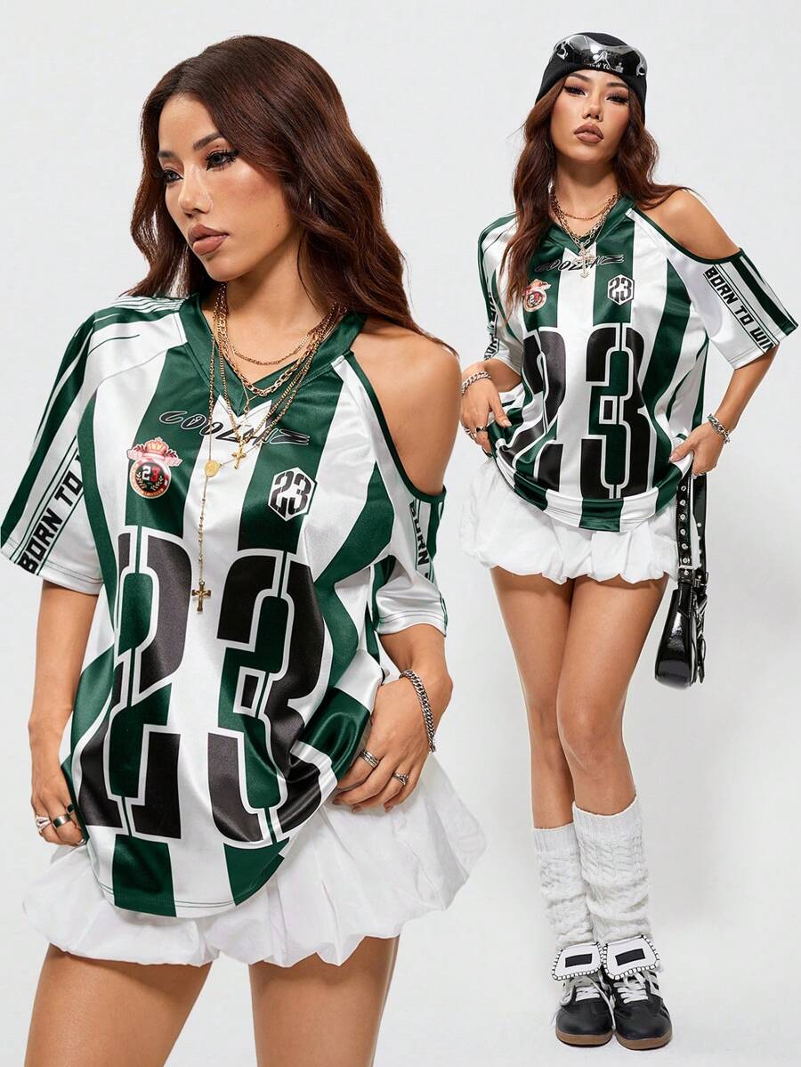 Coolane Women's Spring Y2K Blockcore Sportswear Game Day Striped Number Pattern Off Shoulder Raglan Sleeve V-Neck Jersey T-Shirt,Rave Top