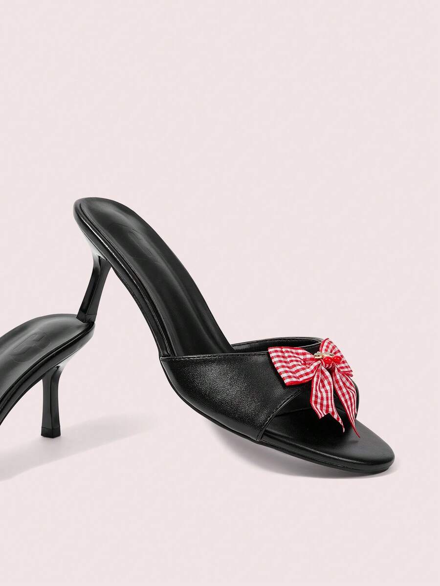 CUCCOO DOLLMOD Black PU + Red & White Plaid Bow Cherry Detail Stylish Cute Slip-On Closed Toe High Heel Sandals