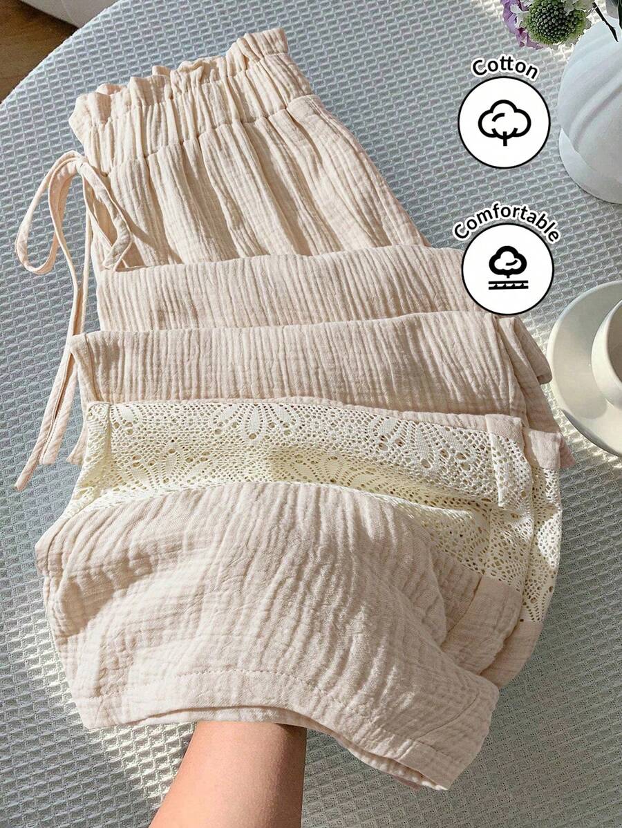 SHEIN VCAY Pantalones largos de pierna ancha de estilo romántico y casual de la isla con parches de encaje en talla grande en color albaricoque, pantalones capri de algodón cómodos