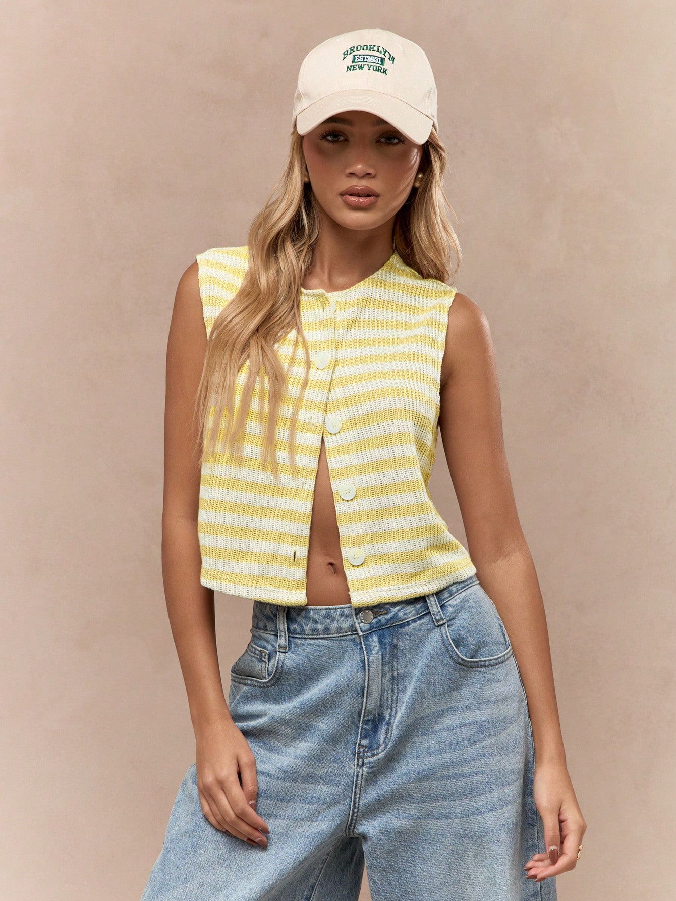 Button Front Striped Knit Crop Tank Top｜MISSGUIDED