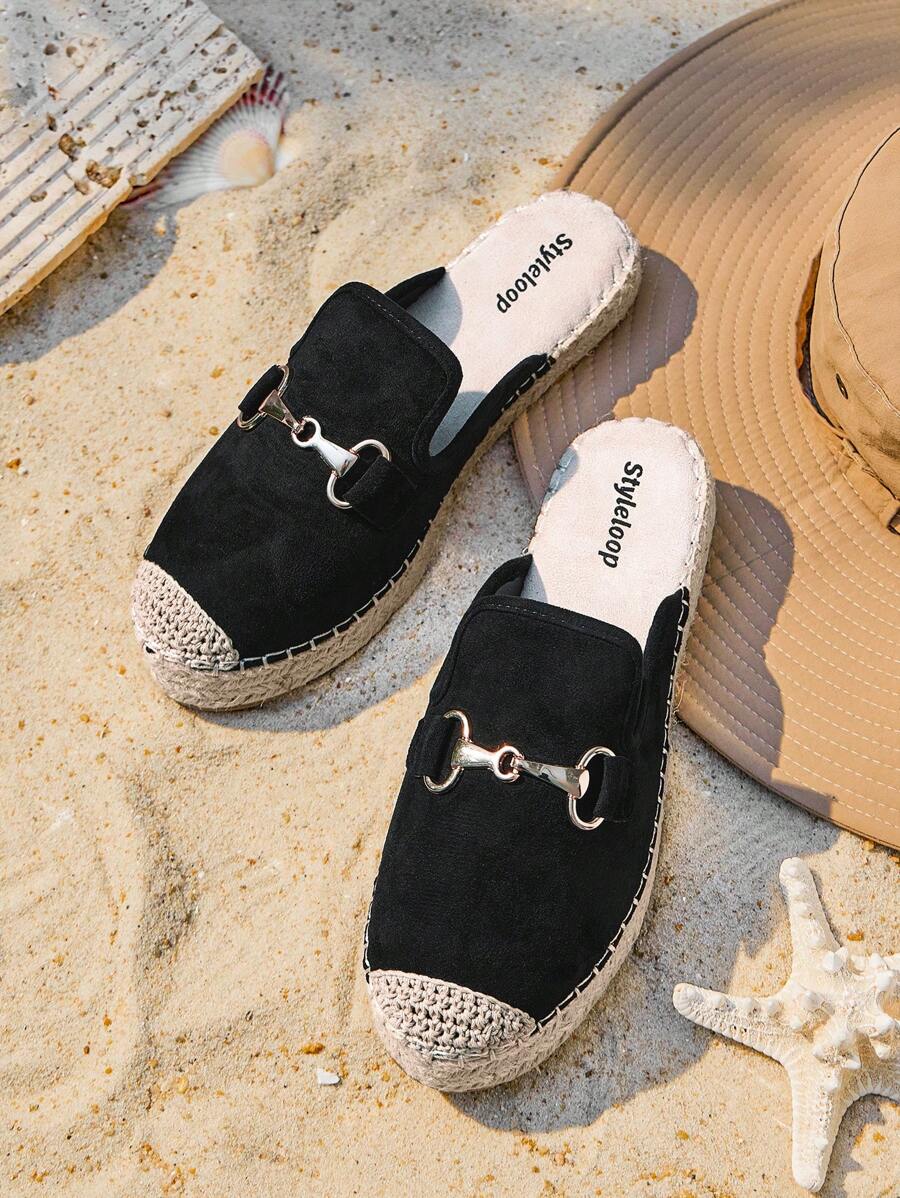 Styleloop Women's Fashion Black Metal Horse Bit Slip-On Mules, Linen Rope Toe, Flat Casual Loafers Suitable For Commuting, Vacation And Shopping