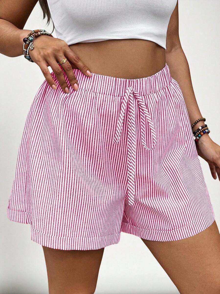 SHEIN VCAY Plus Size Women Loose Casual Elastic Waist Striped Shorts