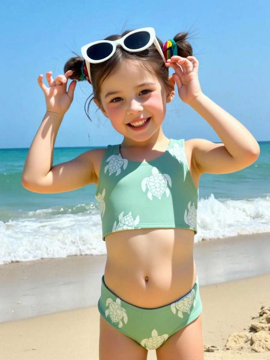Set di bikini da ragazza con stampa tartaruga, con spalline sottili, semplice e carino, adatto per nuotare d'estate, vacanze al mare
