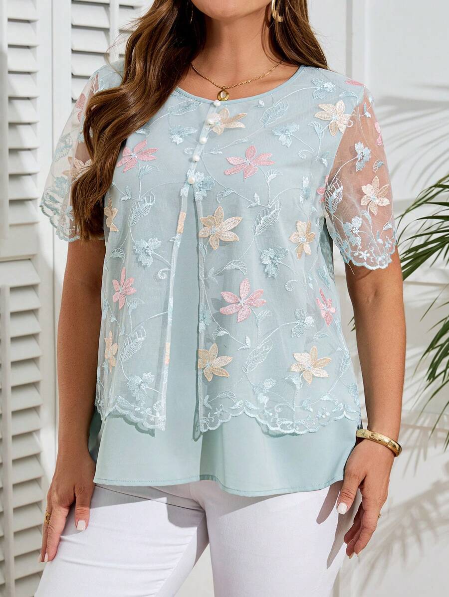 EMERY ROSE Plus Size Women Floral Embroidered Mesh Round Neck Short Sleeve Fashion Blouse, Tunic Top,Summer,Going Out Tops Women,Summers For Women,Country Concert,Vacation Tops,Bohemian Clothes,Countrys Women,Teachers For Women,Business Casual Women,Fall Women Clothes