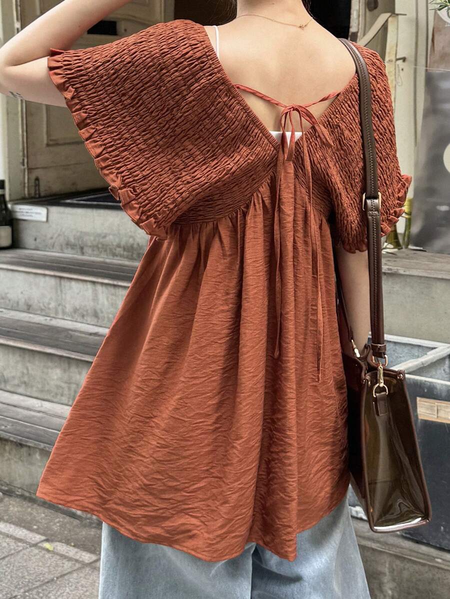 FRIFUL Shirred Drawstring Tie-Front Pleated Mid-Length Casual Versatile Button-Down Blouse For Women, Beach Vacation