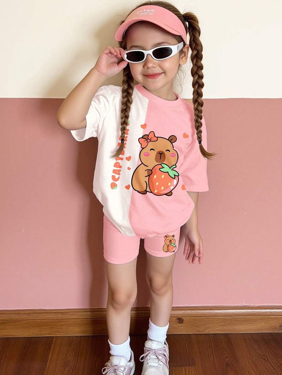 Young Girl Casual Minimalist Short Sleeve Shorts 2 Pieces Set, Suitable For Summer