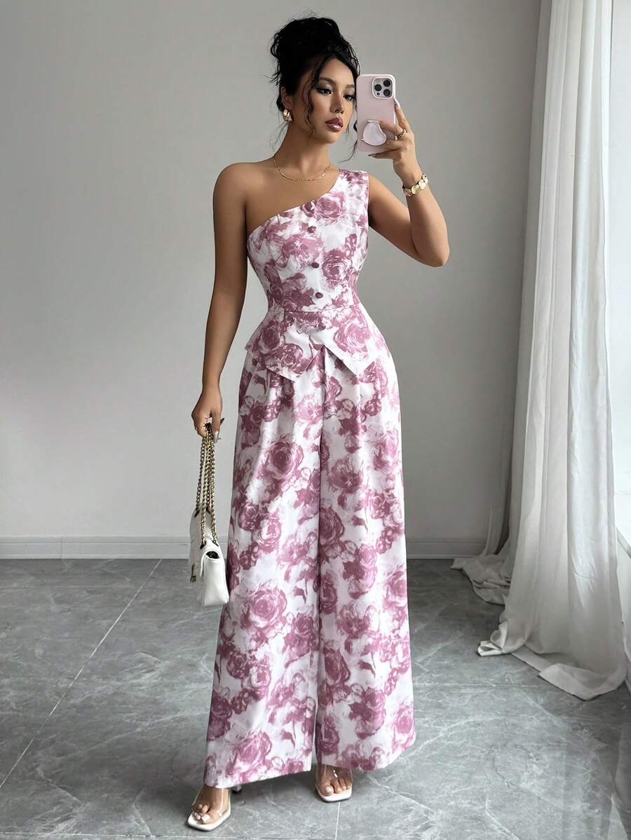 Elenzga Tuta elegante senza maniche con design a una spalla stampato