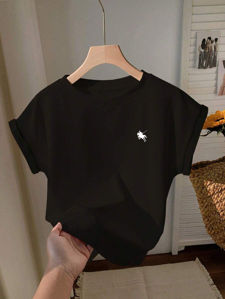 Comfortcana Camiseta casual de manga corta y cuello redondo holgada para mujer, con estampado de logo de caballo, adecuada para el verano