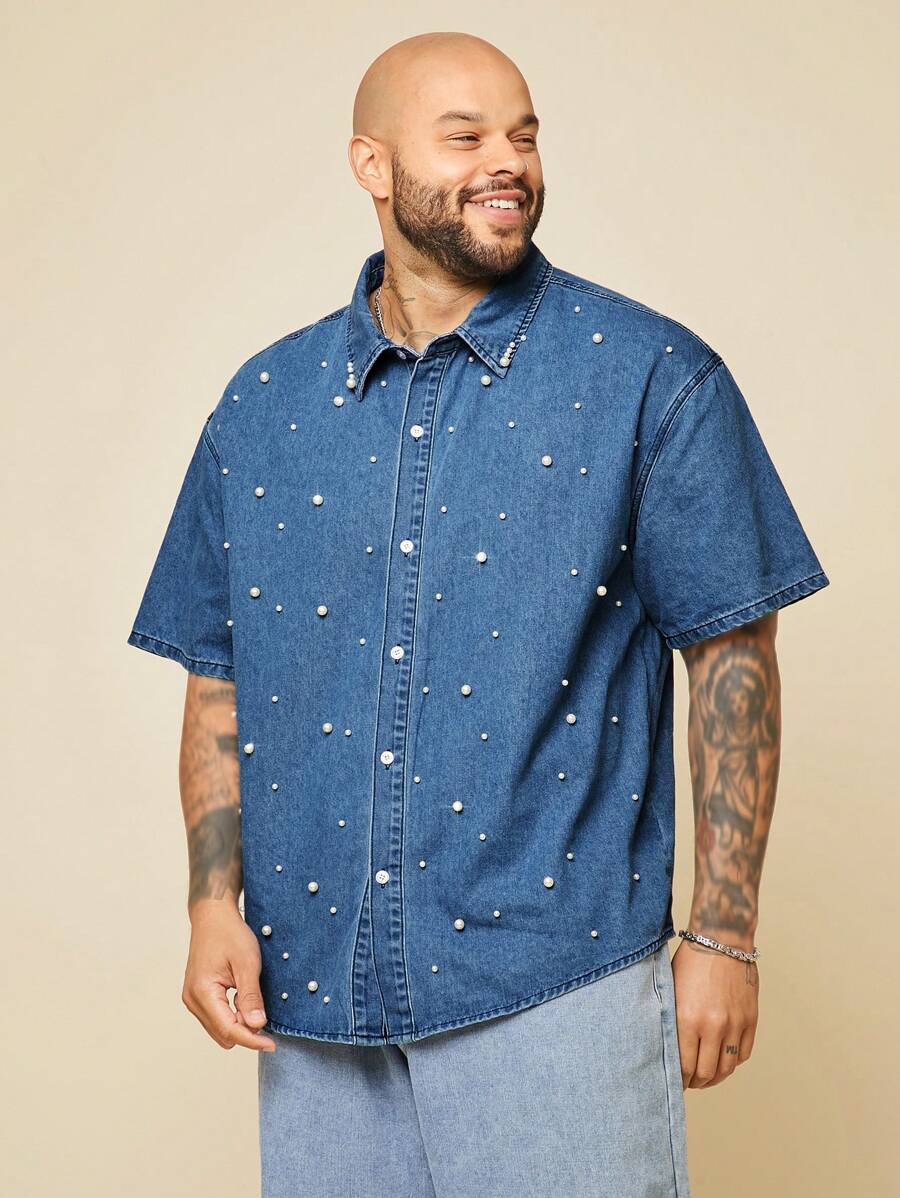 EASEVO Plus Size Men Casual Denim Shirt With Pearl Decor, Suitable For Summer