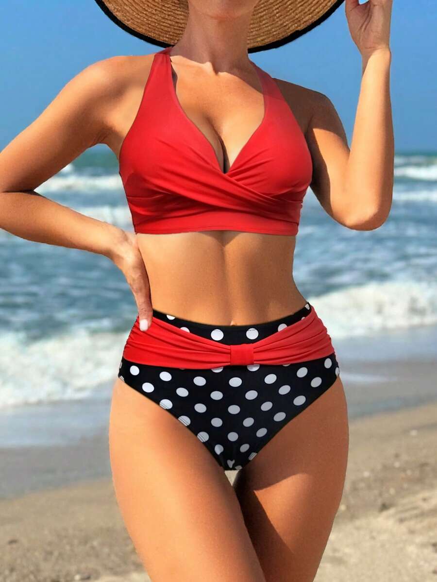 Swim Lushoire Summer Beach Vacation Polka Dot Print Cross Front Halter 2 Pieces Set, Popular High