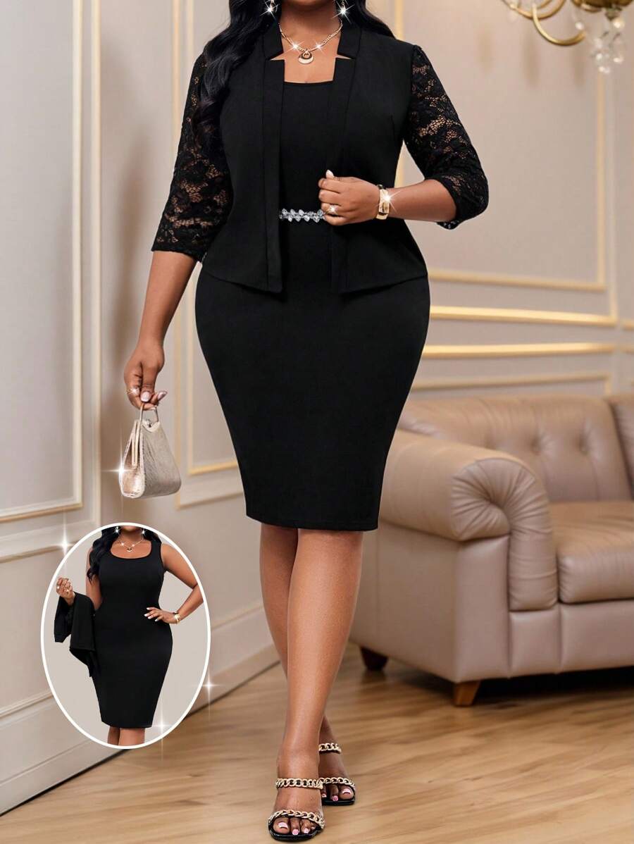 SHEIN Lady Coordinati eleganti per ufficio e vita quotidiana, in maglia nera con inserti in pizzo a contrasto e maniche a tre quarti, taglia grande. Cappotti in finta pelliccia taglia grande, adatti per primavera ed estate.