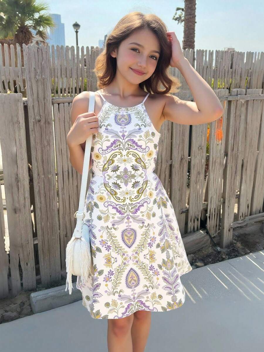 Teens Girls Casual Minimalist Vintage Bohemian Floral Print Cami Dress, Suitable For Summer