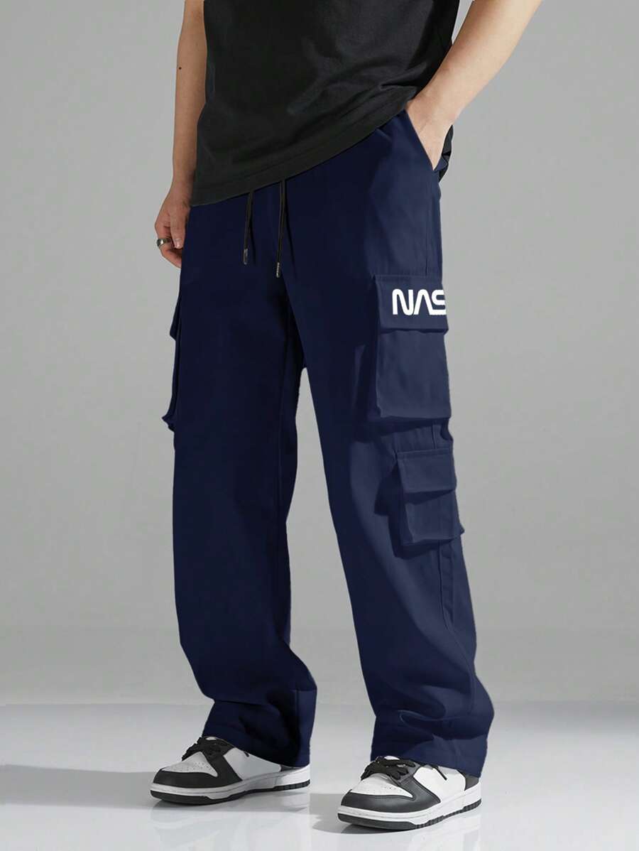 Manfinity Hypemode Pantalones casuales de hombre con estampado de letras y cordón en la cintura con bolsillos