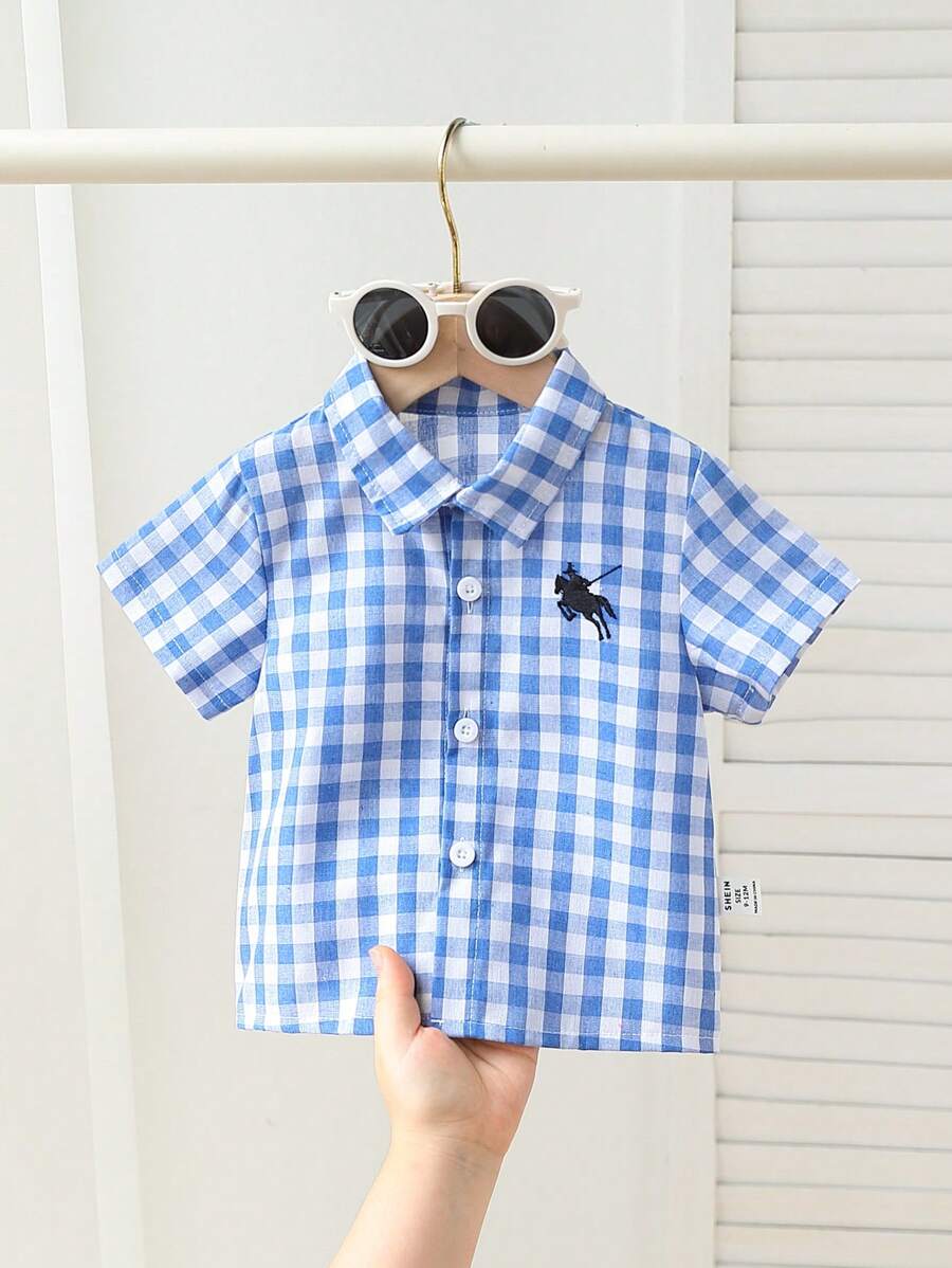 Baby Jungen Neue Frühling/Sommer Mode Schicke Bequeme Karohemd mit Pferde Logo, hautfreundliches Material, stilvolles Design geeignet für Innen- und Außenaktivitäten
