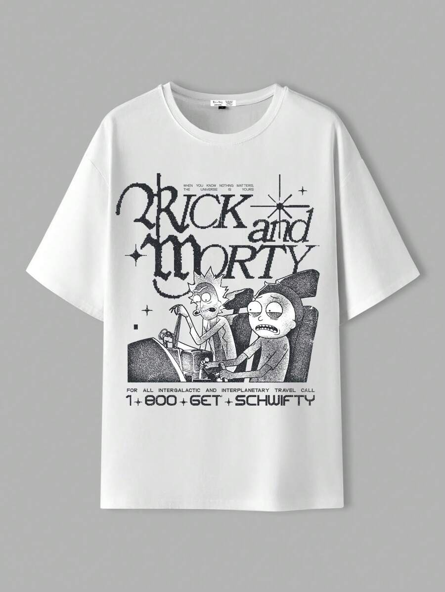 Rick and Morty X SHEIN Men's Summer Slogan & Figure Graphic Round Neck Short Sleeve T-Shirt