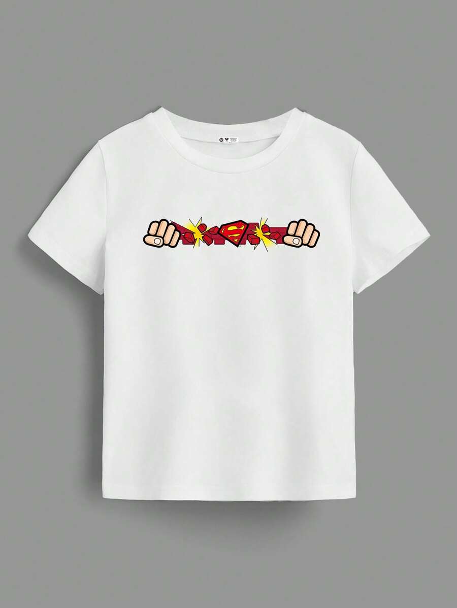 SUPERMAN X SHEIN Young Boy Casual Logo And Fist Print Short Sleeve White T-Shirt, Summer
